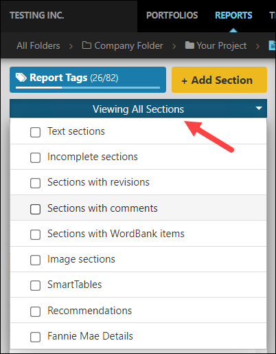 Screenshot showing the section filter in the Quire Report Editor